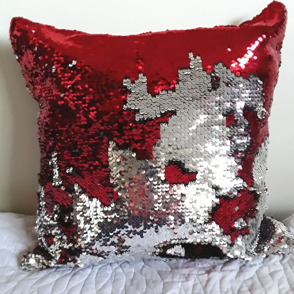 RED AND SILVER SEQUINS SWIPE CUSHION COVER